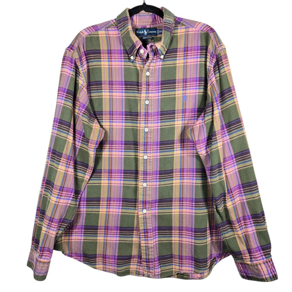 Ralph Lauren Shirt Mens XXL Green Plaid Button Up Flannel Cotton Classic Fit